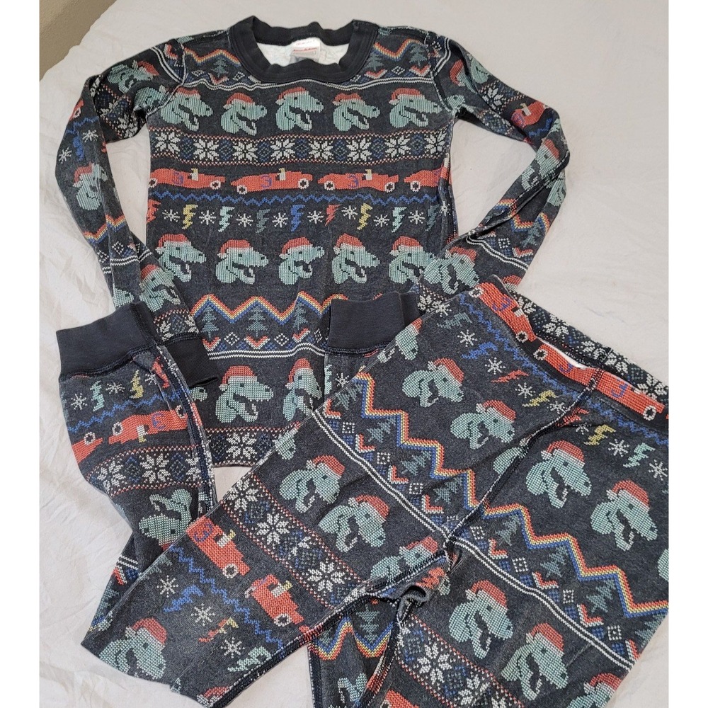 hanna andersson pajamas kids SZ 6-7 holiday dinosaurs top and bottom set